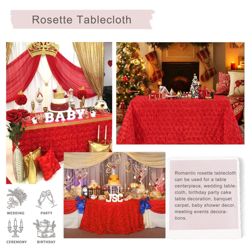 FanQiSi Red Flower Tablecloth 50x80 Inches Rosette Tablecloth Elegant Floral Satin Table Cover for Wedding Birthday Party Decorations - Image 5